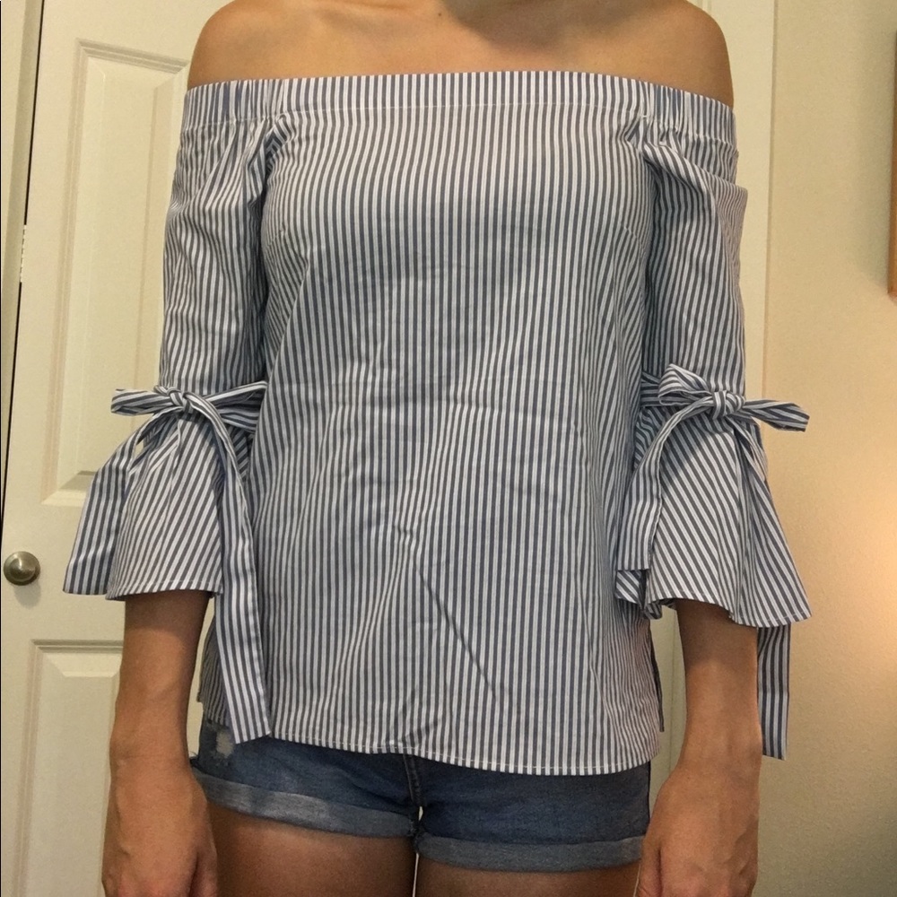 H&M Off the Shoulder Blue Pin-Stripped Shirt